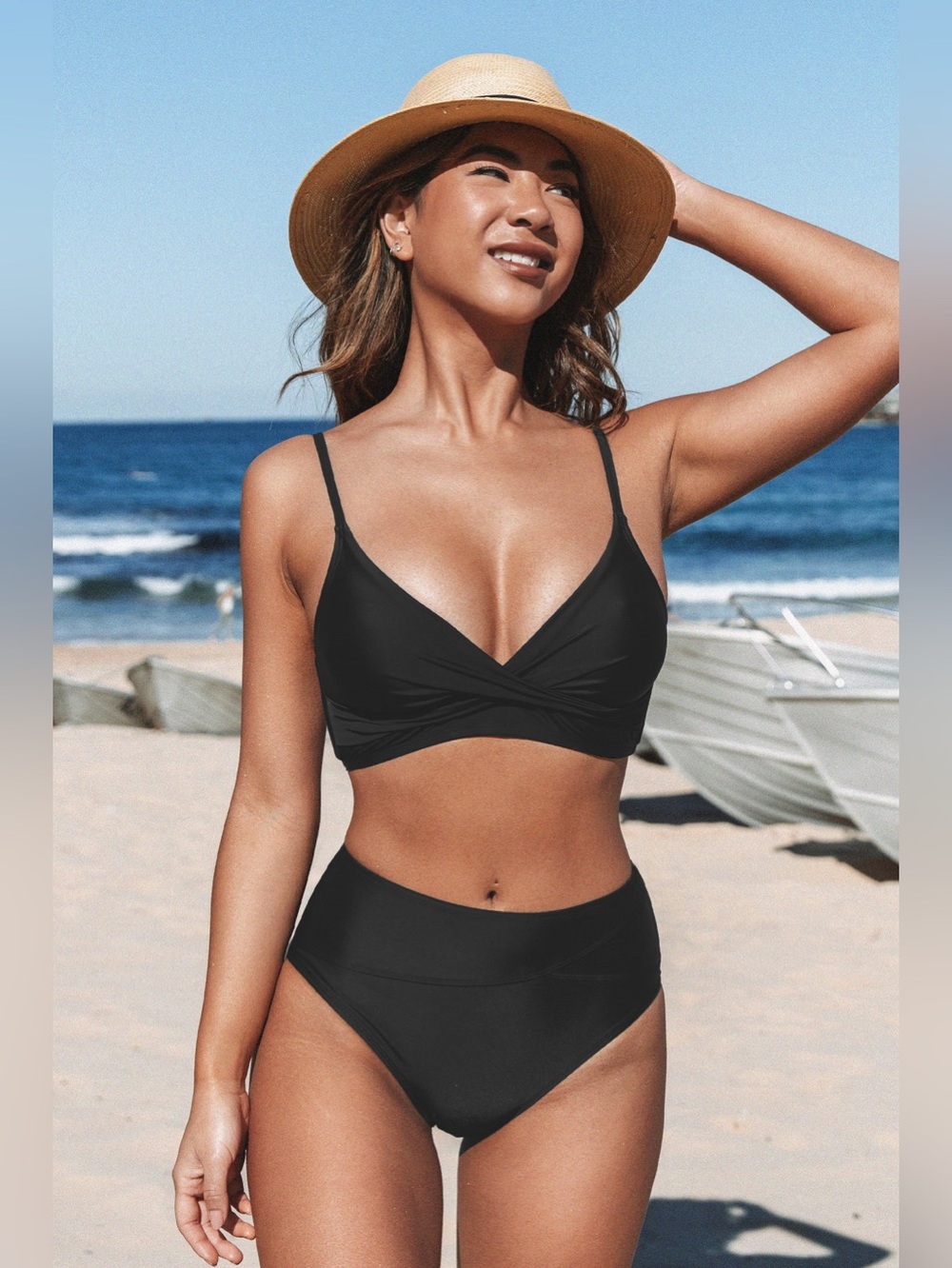 Cupshe Black V‑Wrap High Waist Bikini Top